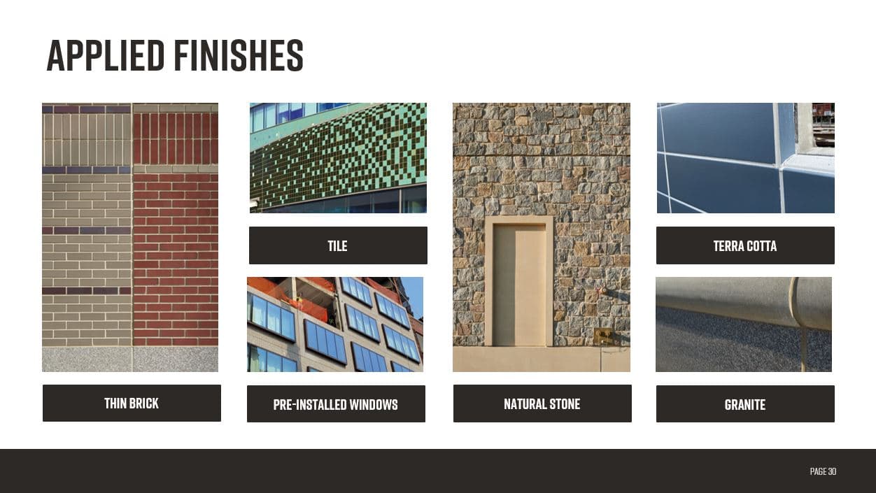 Powerpoint photo of different finishes available with architectural precast concrete